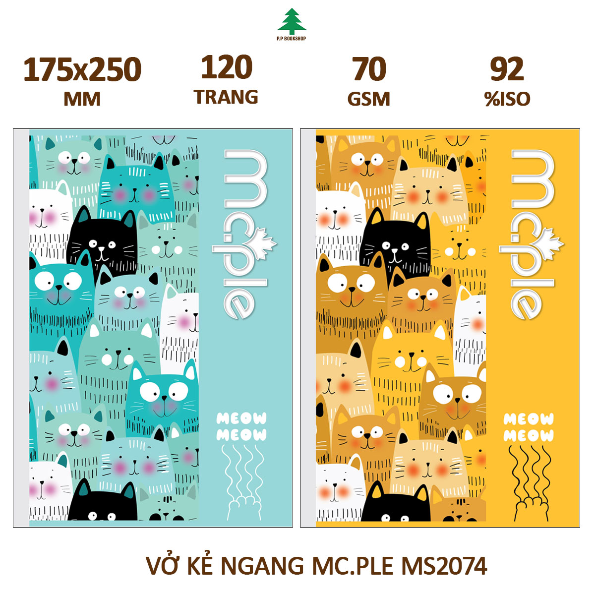 Vở kẻ ngang b5 mc.ple 120 trang meowmeow, định lượng 70gsm, độ trắng 92% iso - sổ tập vở chất lượng, bám mực tốt - ms2074