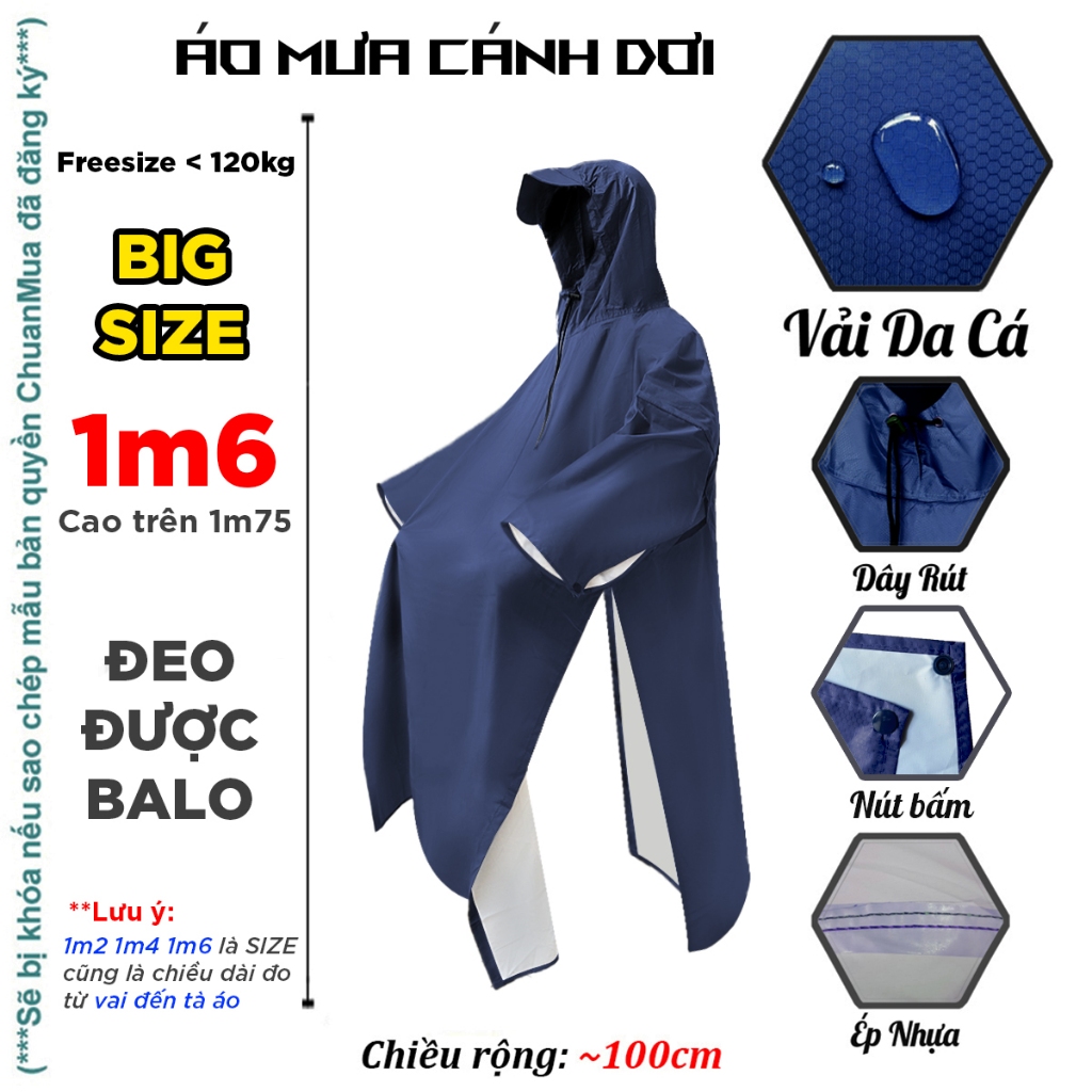   Size 1M6 Dài  Áo Mưa Cánh Dơi Chống Thấm Size 1M6 1M4 1M2 Áo Mưa Xẻ Tà Có Mũ Dây Rút Nút Bấm  Hàng Xưởng Việt Nam  