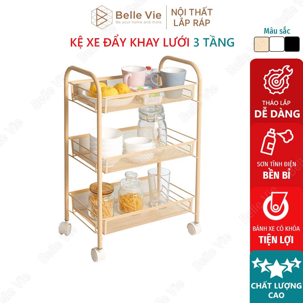 Kệ Sắt Đa Năng 3 Tầng BELLIVE Kệ Đa Năng Khay Lưới Sơn Tĩnh Điện Có Bánh Xe Tiện Lợi
