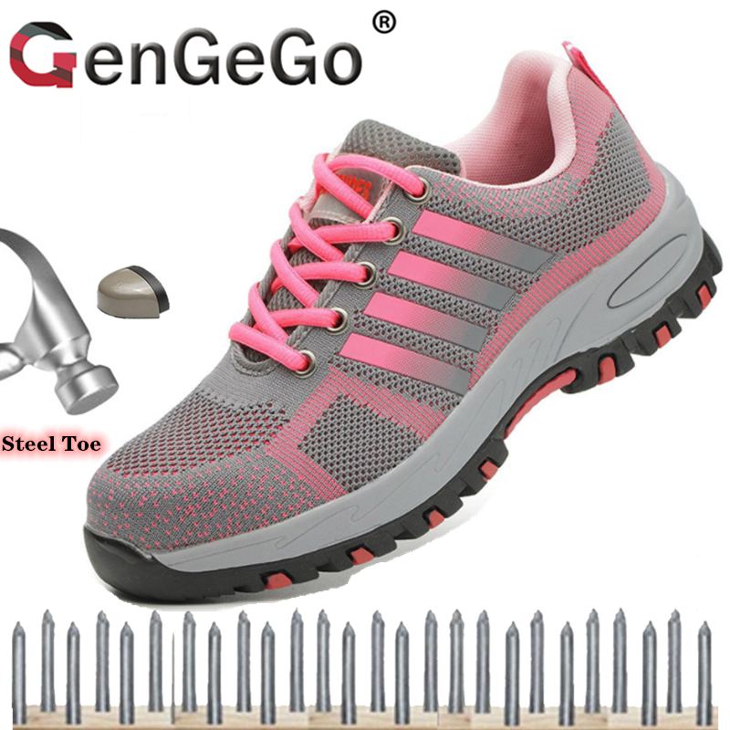 Brand GenGeGo Giày bảo hộ chống xuyên thủng cho nữ, có lưới an toàn mũi thép phản quang thoáng khí nhẹ
