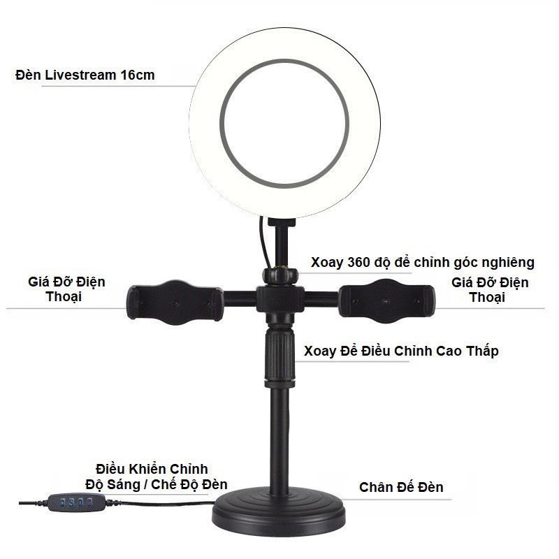 Giá Đỡ 2 Điện Thoại Livestream Có Đèn Led, Kẹp Điện Thoại Để Bàn Quay Video Tiktok Có Đèn Led 3 Màu - Có Video, Ảnh Thật