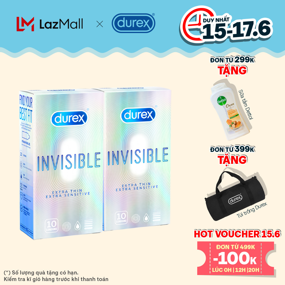 Bộ 2 hộp bao cao su Durex Invisible siêu mỏng size 52mm 10 bao/hộp