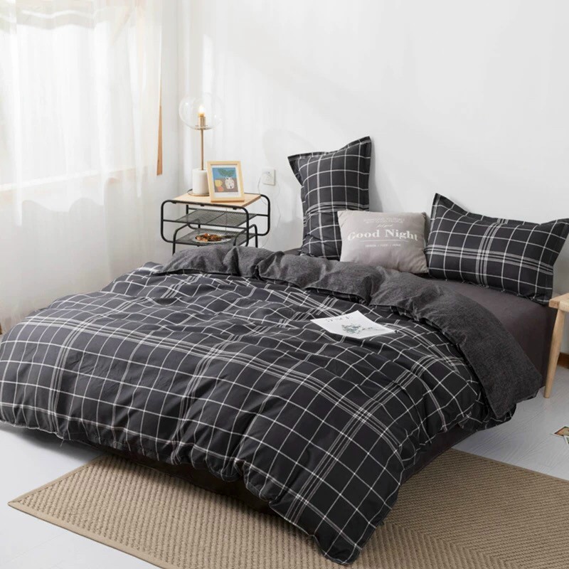 Bộ Chăn Ga Gối Caro Đen Cotton Poly Bộ Sản Phẩm Chăn Ga Gối Nệm Nhiều Kích Thước Dùng 4 Mùa Gồm 1 Ga, 1 Vỏ Chăn, 02 Vỏ gối