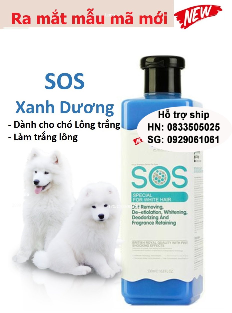 Mẫu mới- Sữa Tắm chó mèo SOS XANH DƯƠNG (chó lông trắng) cao cấp dành cho thú cưng Mượt lông thơm lâu diệt ve rận.