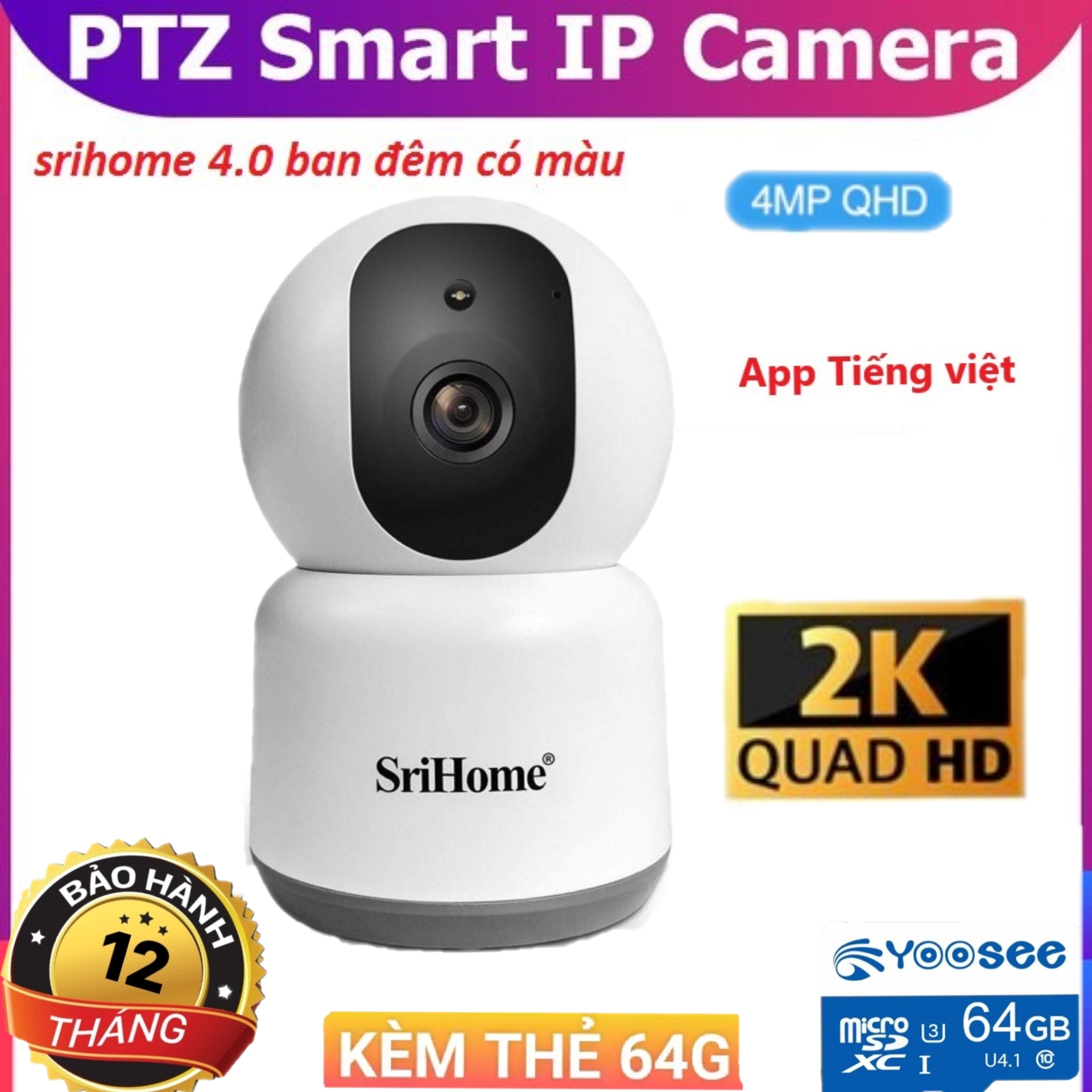 CAMERA  SRIHOME SH038 TRONG NHÀ - GÓC RỘNG  SIÊU NÉT  - ĐỘ PHÂN GIẢI 4.0 Mpx 2592 X 1290  - MẪU MỚI BÁN CHẠY - BẢO HÀNH 12 THÁNG