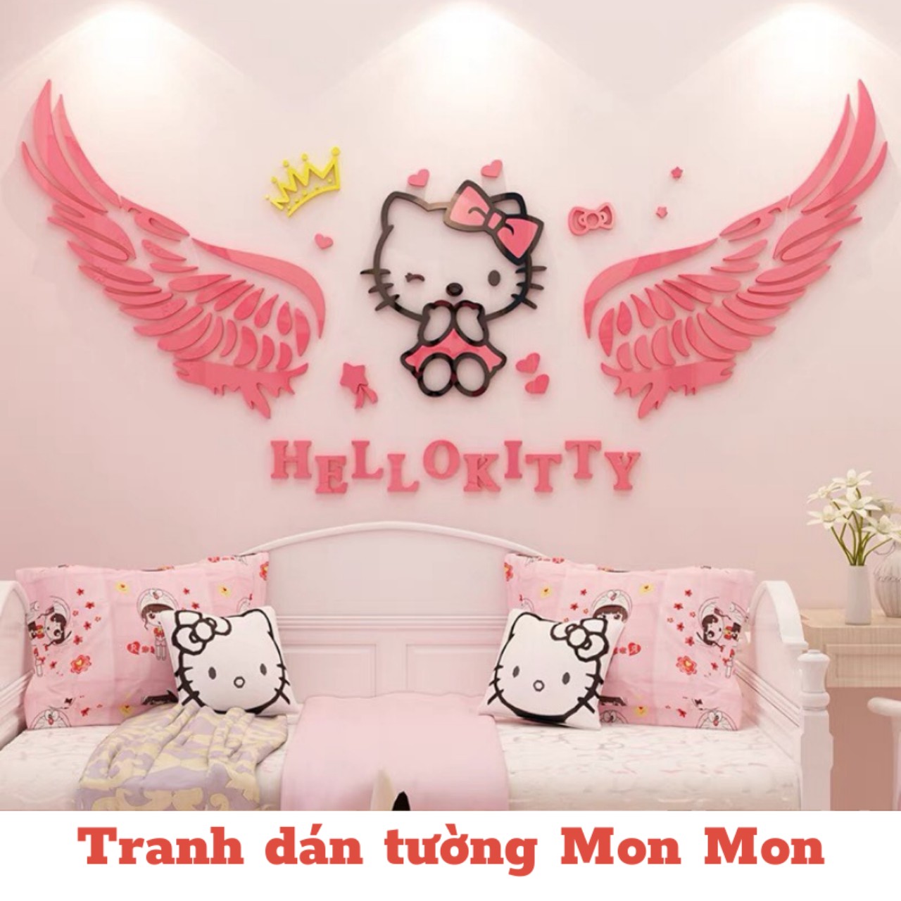 Tranh dán tường Mon Mon - Decal dán tường 3d mica hello kitty với đôi cánh thiên thần, tranh dán mica trang trí phòng ngủ dễ thương