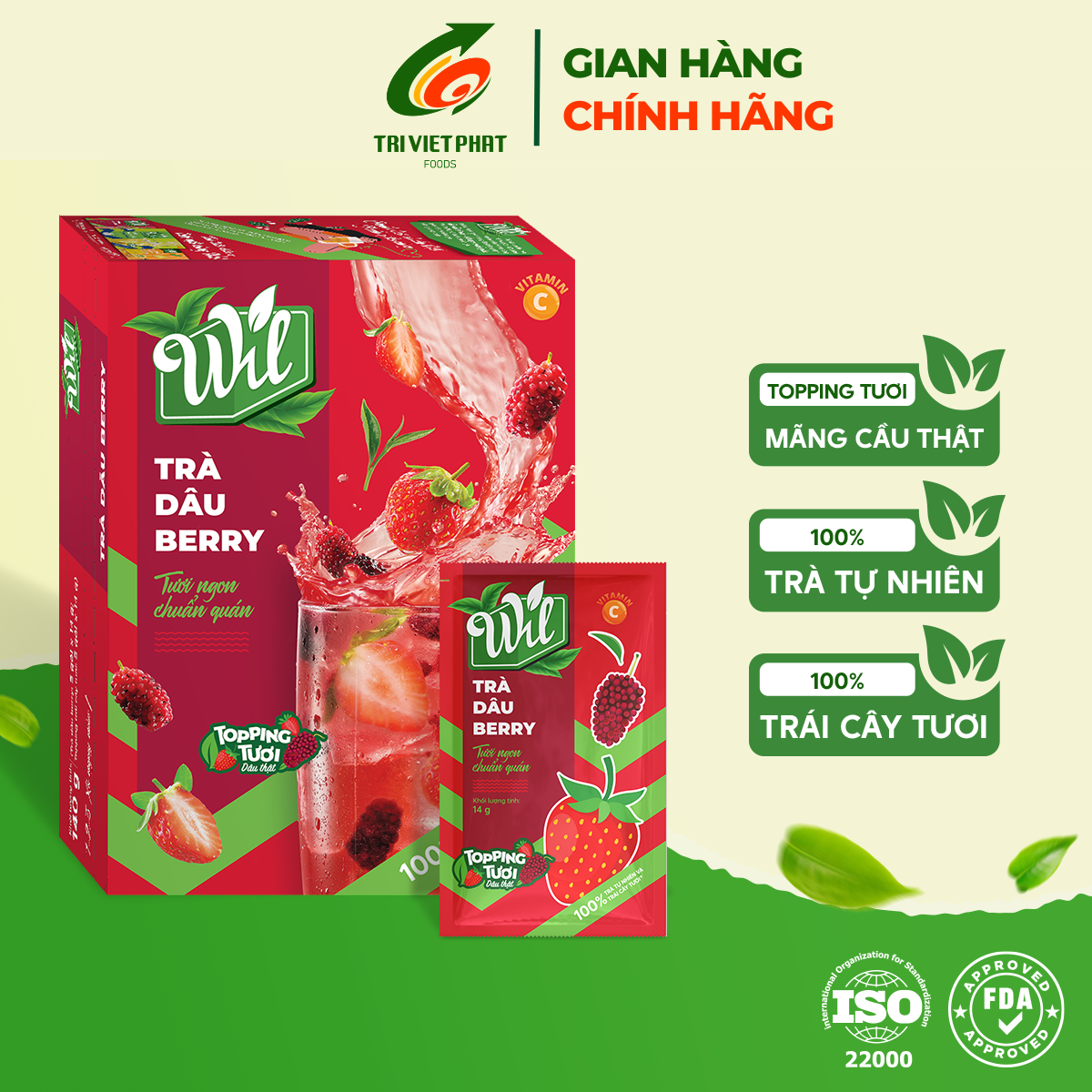 [TẶNG THẺ CÀO] Trà dâu berry Wil trà hòa tan có topping dâu thật hộp 140g (5 set)