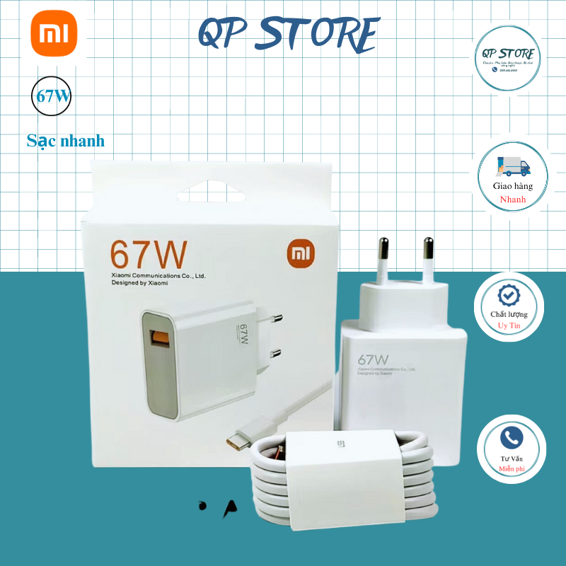 Bộ sạc điện thoại, bộ củ cáp sạc nhanh xiaomi 67w cáp sạc 6a usb type c- qp store