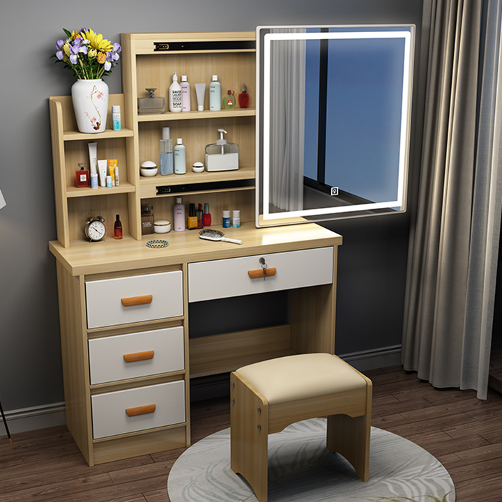 Bàn phấn gỗ mdf 80cm ngăn tủ đa năng gương led cao cấp - bàn trang điểm 80cm hiện đại gương led kèm ghế tiện ích bền đẹp dh-bgk2055