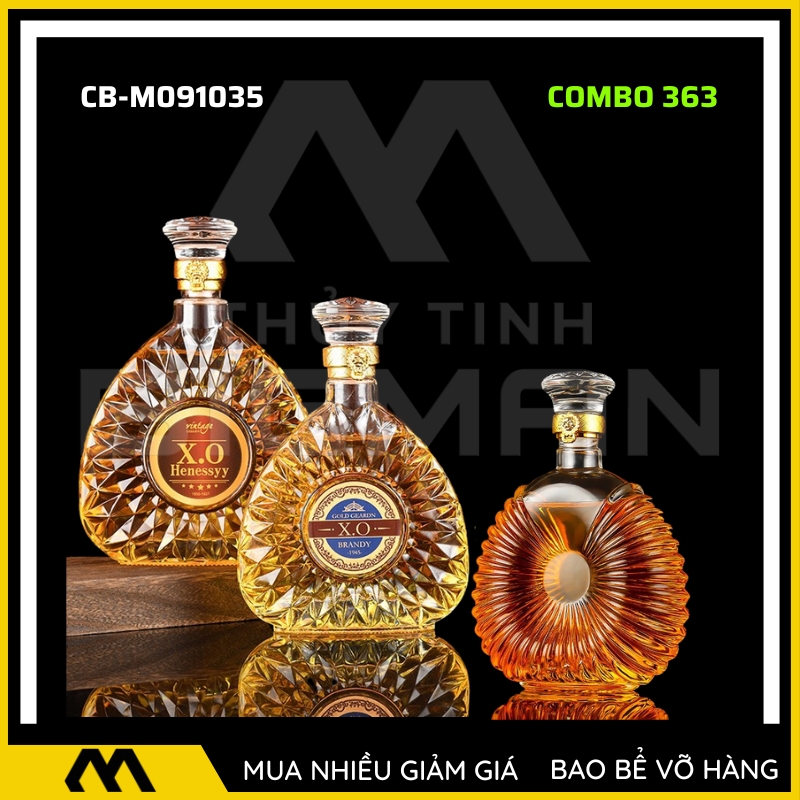 3 Vỏ Chai XO Cao Cấp kiểu dáng chai rượu ngoại nắp thủy tinh đặc đúc nguyên khối dùng trang trí quầy bar tủ rượu đẹp - BIGMANSTORE