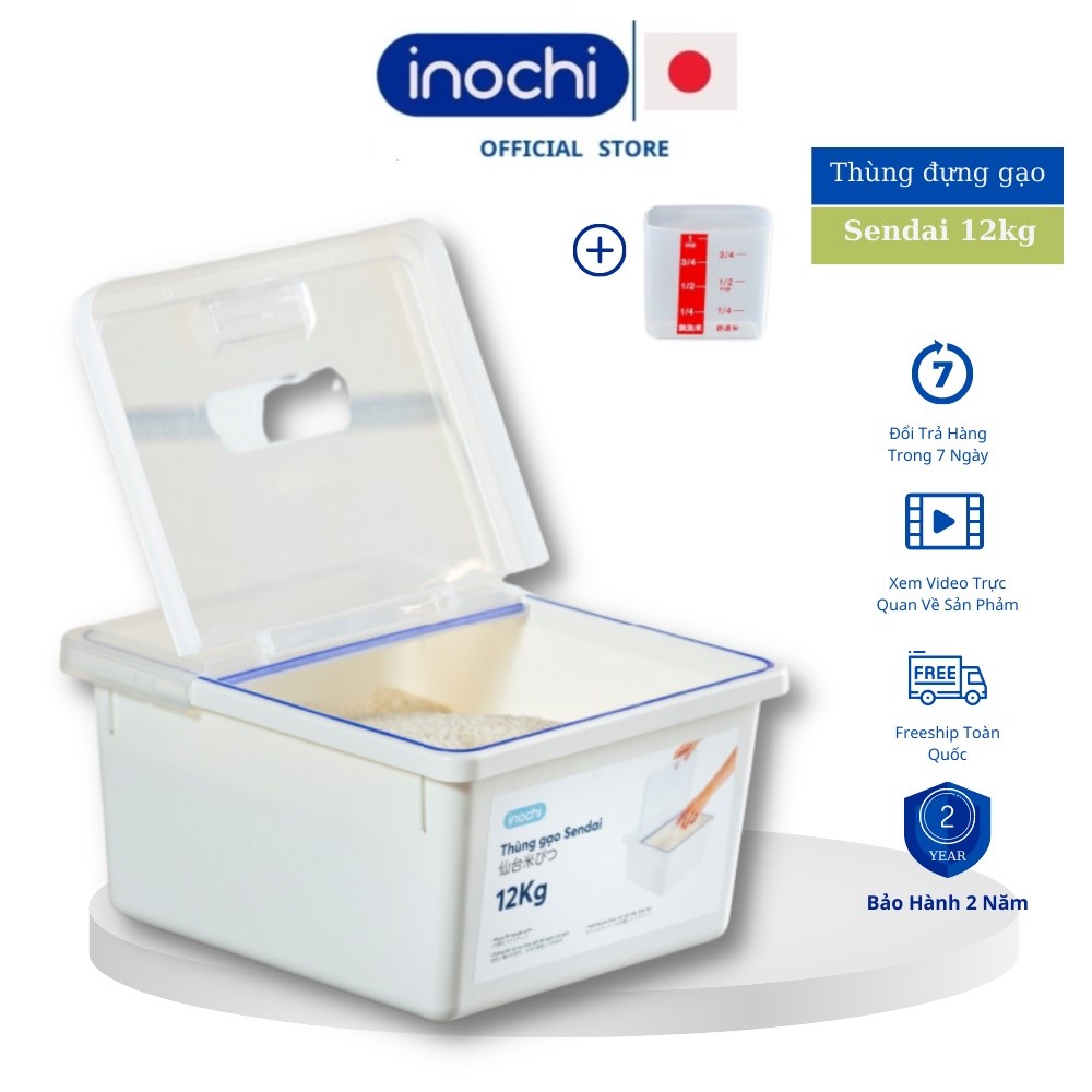Thùng đựng gạo có năp, nhựa nguyên sinh cao cấp kèm cốc đong chống ẩm kháng khuẩn 12kg inochi Sendai