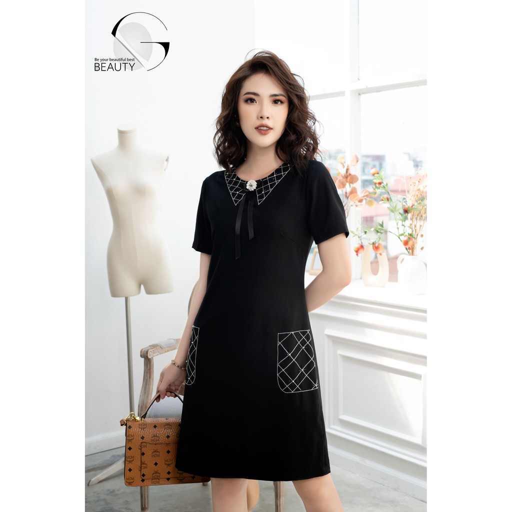 G beauty đầm diễu chỉ cổ đính hoa cườm đen