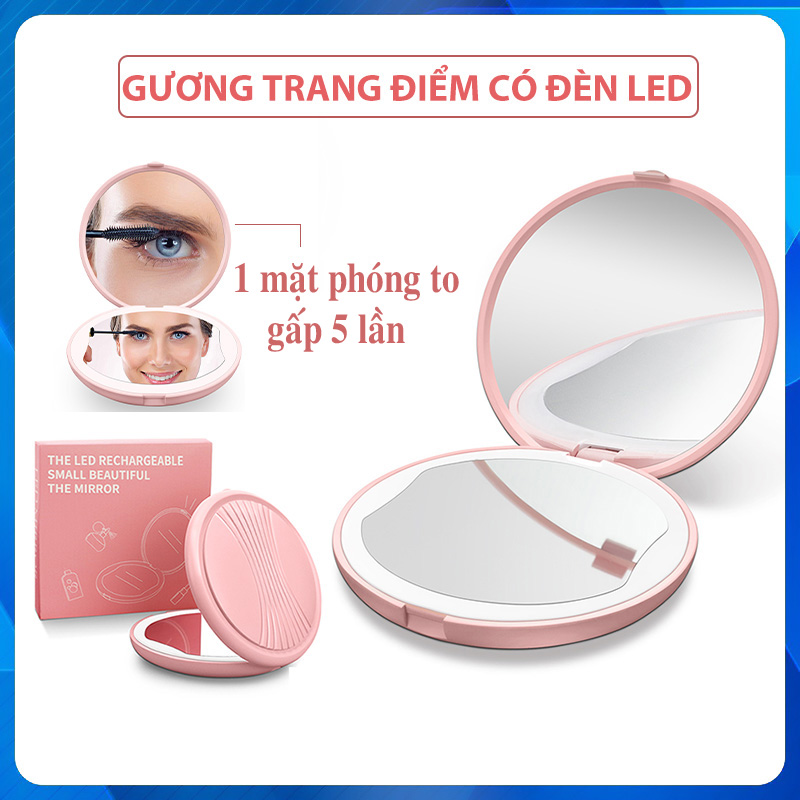 Gương trang điểm mini gấp gọn có đèn led Gương trang điểm bỏ túi có thể phóng to một mặt