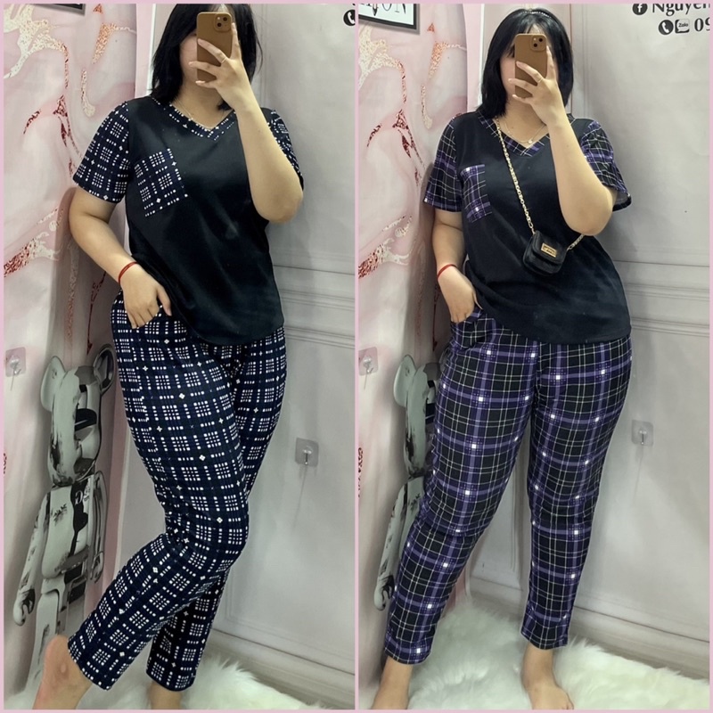 Sét Bộ Bigsize quần caro phối áo đen 68kg /95kg