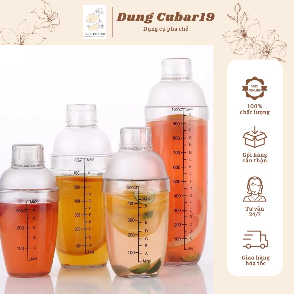 Bình lắc shaker nhựa chia vạch đen hàng cao cấp, shaker pha chế đủ dung tích 350ml, 530ml, 750ml, 1000ml