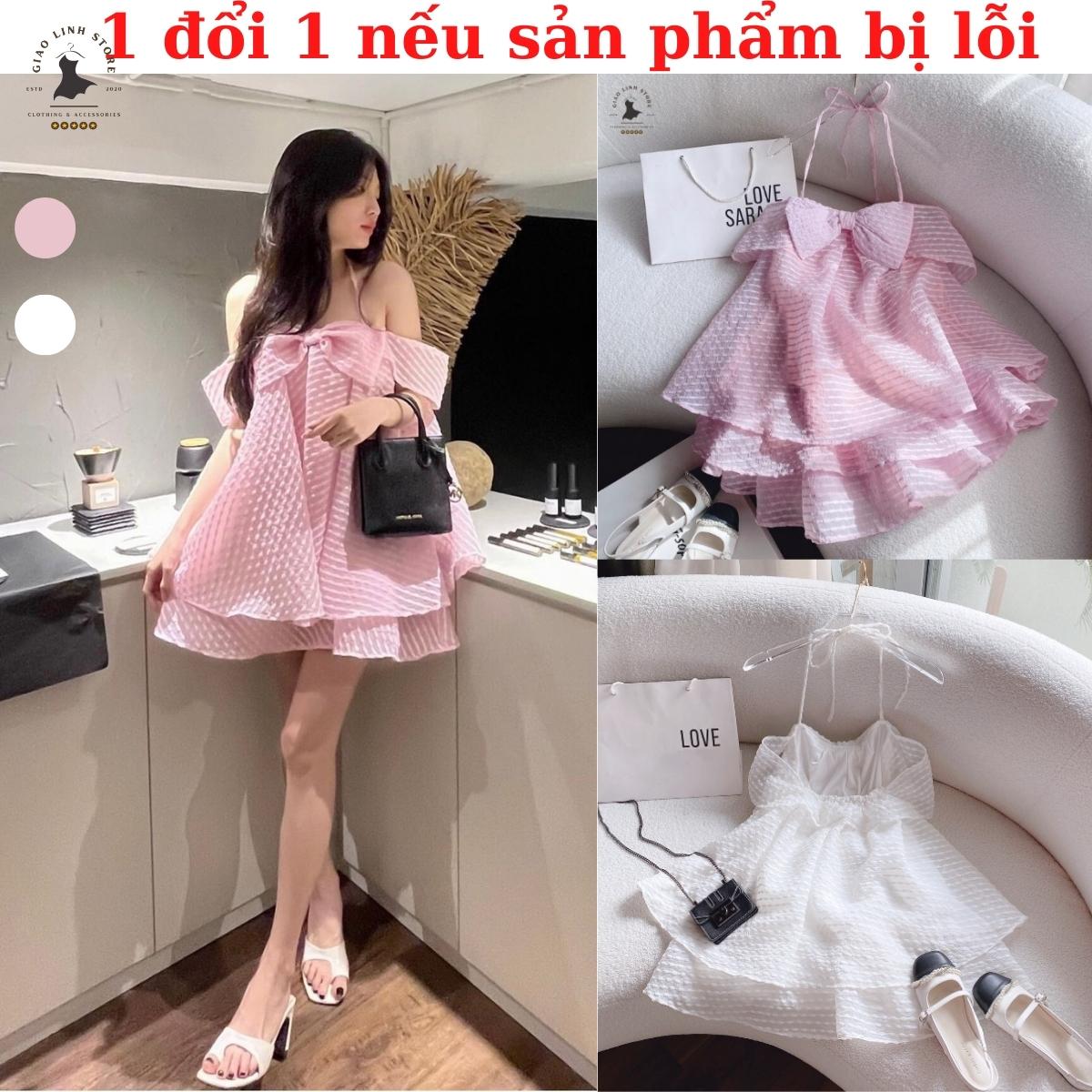 Đầm babydoll 2 dây trễ vai xếp tầng dài trên gối phối nơ trước ngực hàng thiết kế may 2 lớp