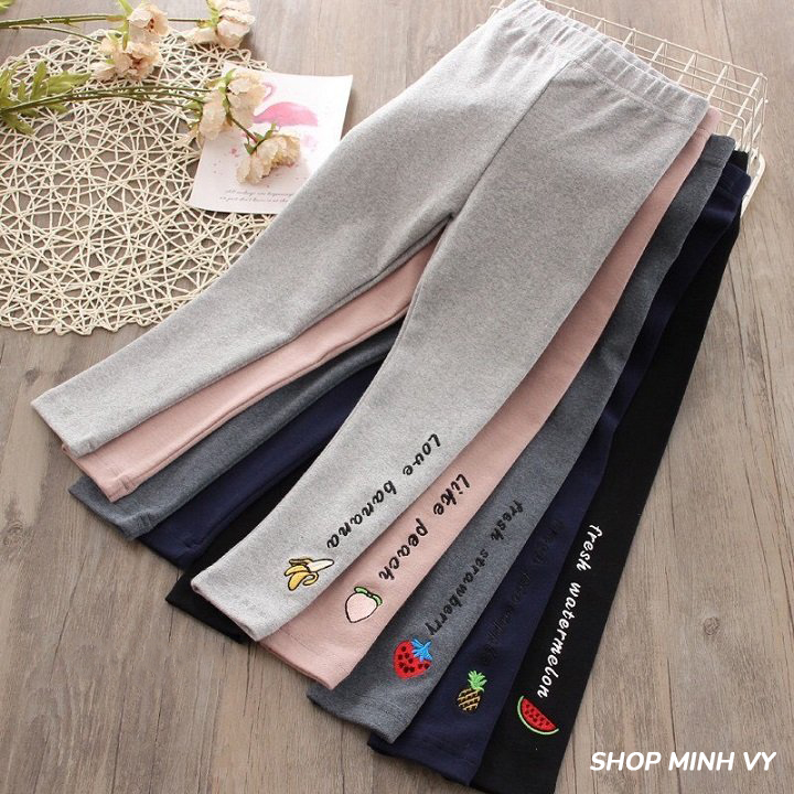 Quần legging cho bé gái (12-40kg)- chất cotton thêu hình hoa quả