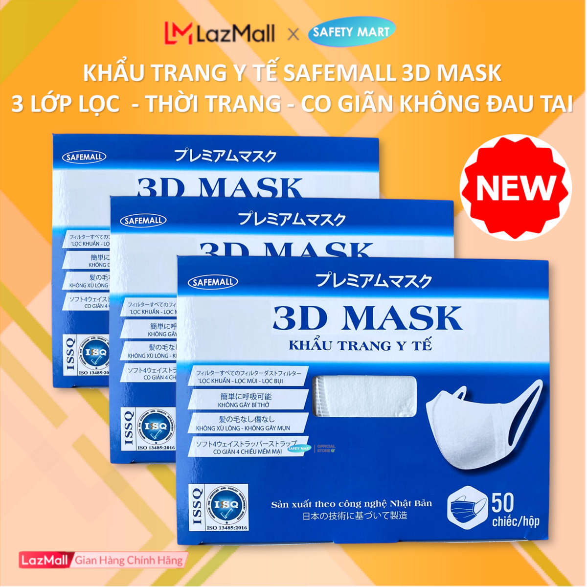 Combo 3 hộp Khẩu trang y tế 3D Mask (hộp 50 chiếc) màu trắng thời trang SafeMall, Khẩu trang 3 lớp kháng khuẩn công nghệ nhật Bản Japan Technology, ngăn ngừa bụi mịn, vi khuẩn, ô nhiễm...- Hàng Chính Hãng Safety Mart Official