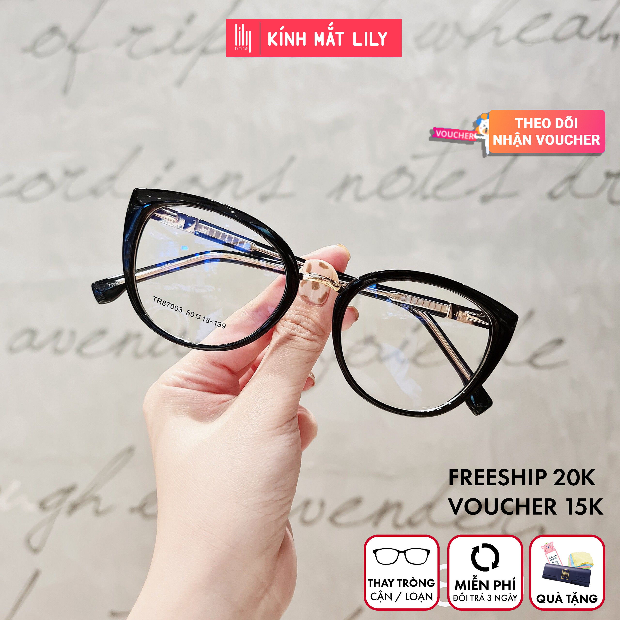 Kính thời trang mắt mèo Lilyeyewear 87003 chất liệu nhựa dẻo tính bền dẻo cao phù hợp với nhiều khuôn mặt thiết kế vuông thời trang nhiều màu có thể cắt cận một size