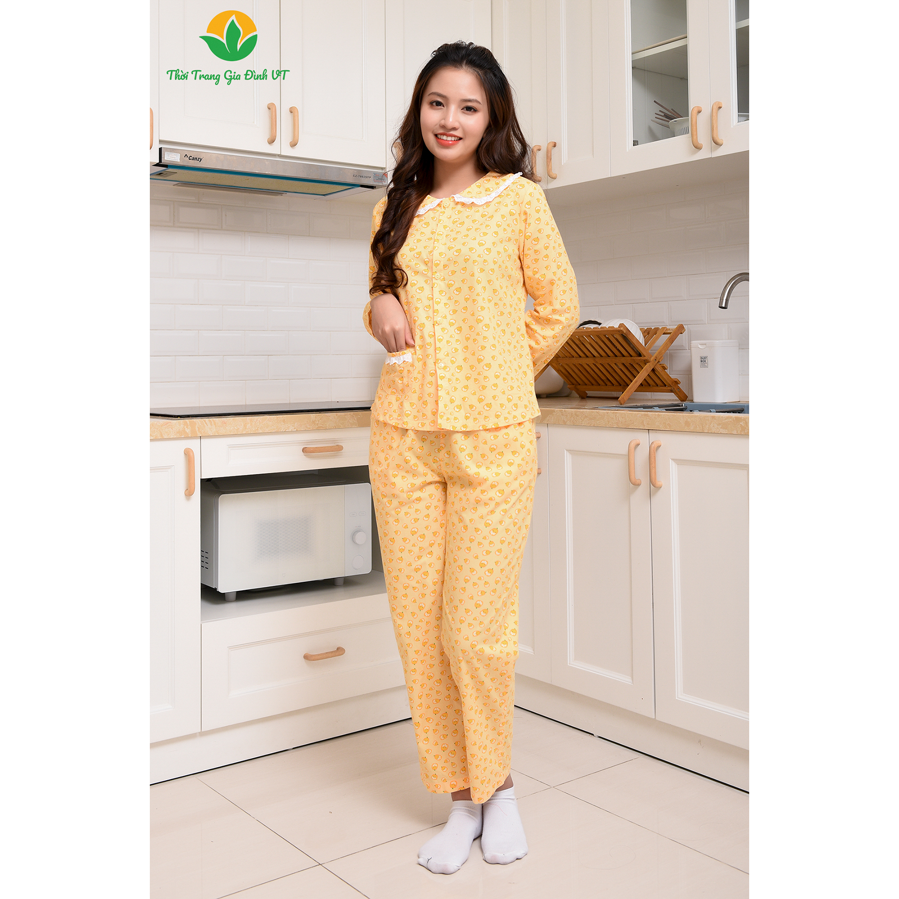 Bộ nữ mặc nhà kẻ caro quần dài áo tay lỡ Việt Thắng chất LANH B50.2210