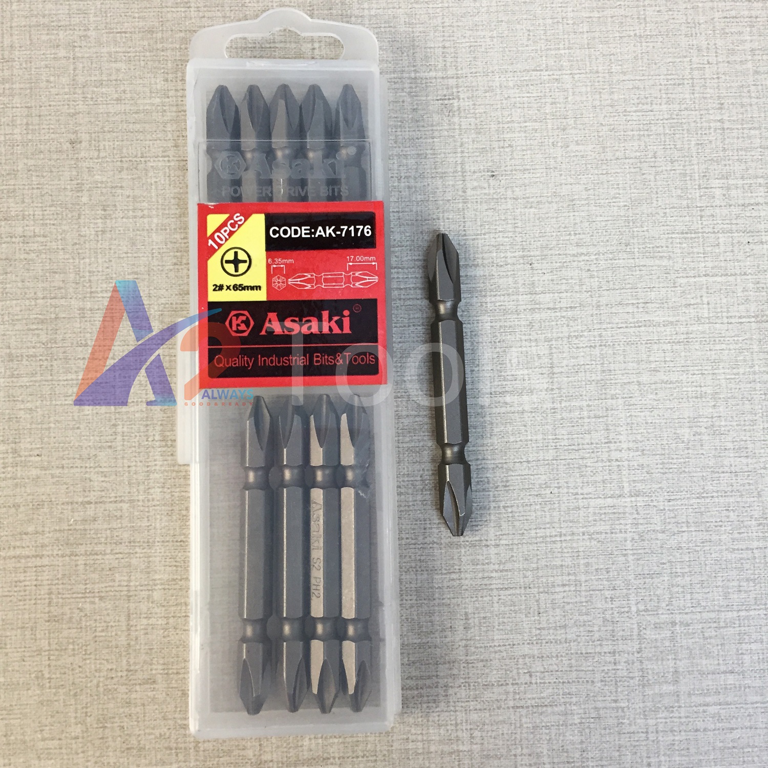 Hộp 10 mũi vít hơi 2 đầu #2x65mm asaki ak-7176