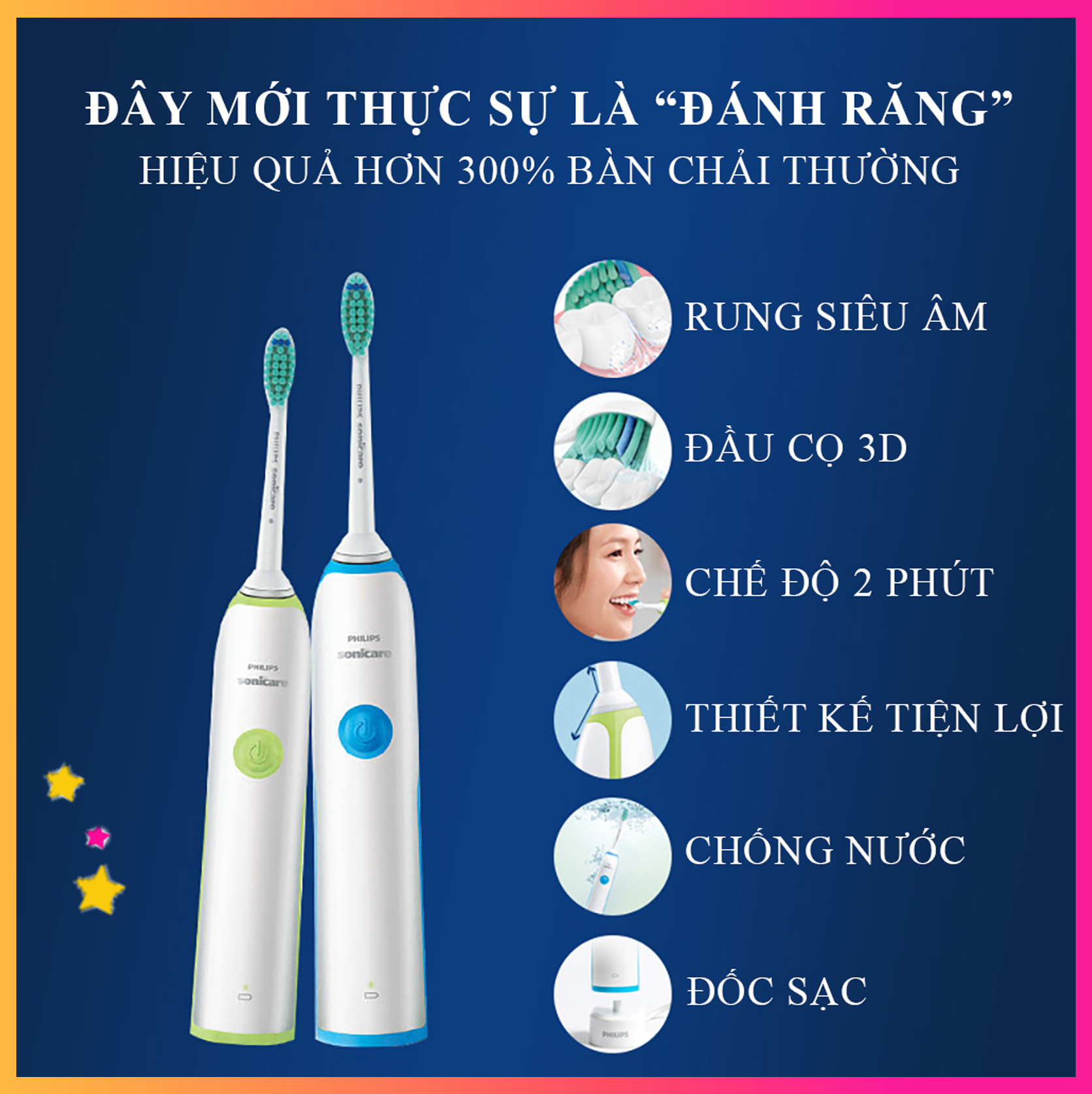 Bàn chải đánh răng điện Cao cấp Philip với 3 chế độ làm sạch, chức năng chống thấm nước toàn thân, Sạc không dây, 14 chế độ tốc độ. Bảo hành 1 năm, Lỗi 1 đổi 1 trong vòng 7 ngày