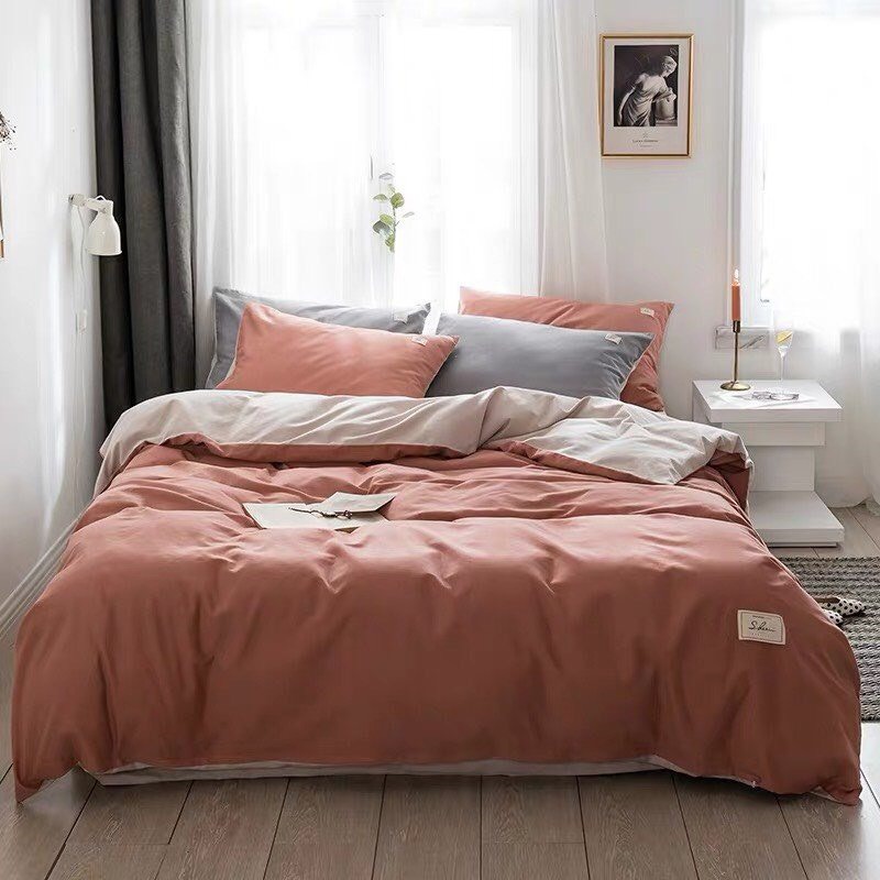Trọn bộ chăn ga gối cotton tici xuất nhật màu cam đất basic, mát mịn