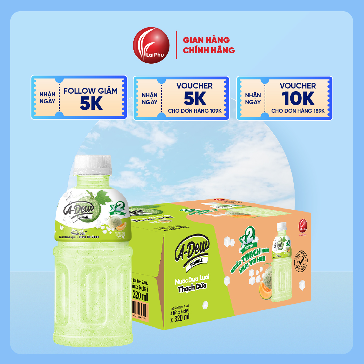 Nước Dưa Lưới Thạch Dừa A-Dew Double Chai 320ml - Thùng 24 Chai