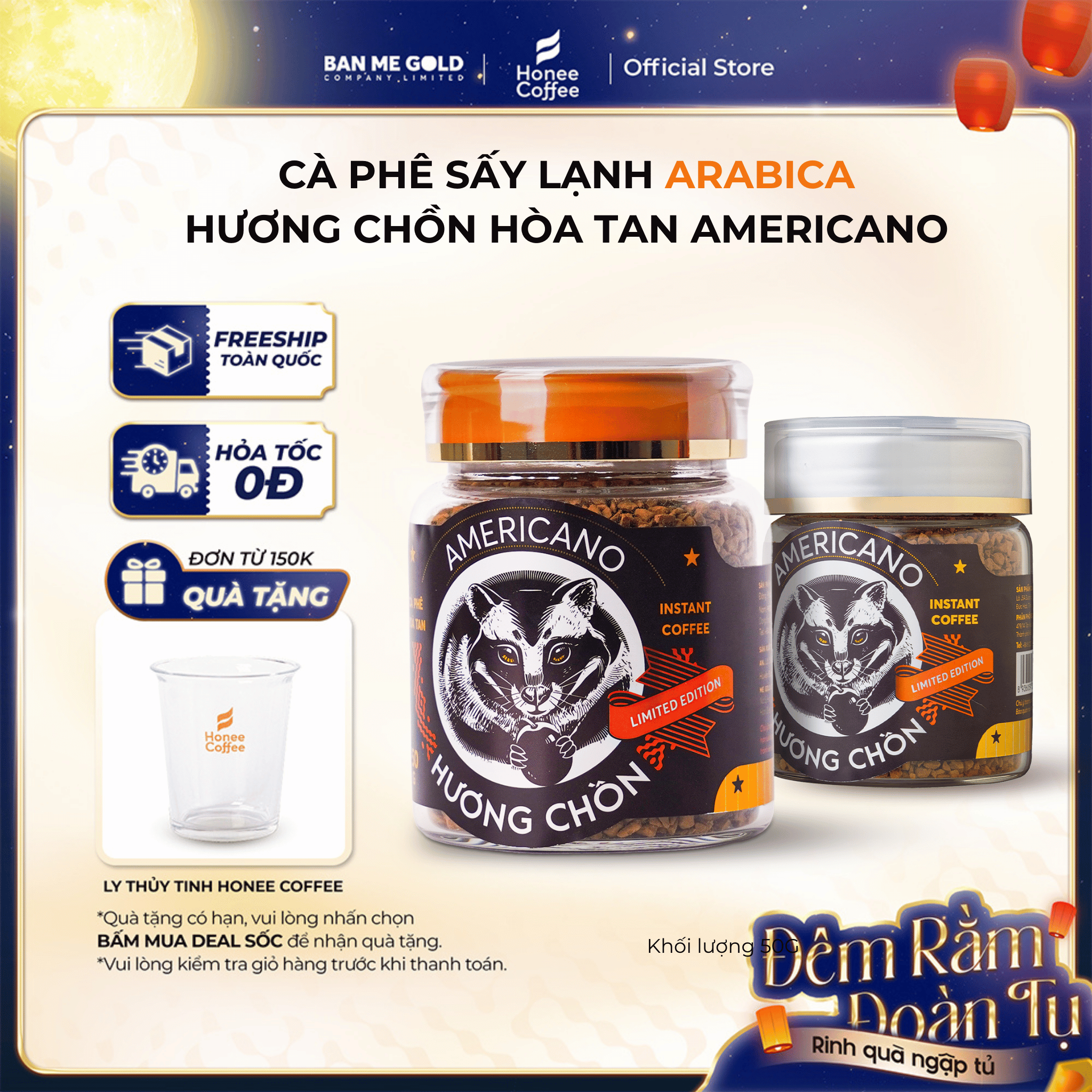 [TẶNG LY THỦY TINH] Cà Phê Arabica Hương Chồn Americano (50g) Cafe Chồn Hòa Tan Sấy Lạnh Arabica Thượng Hạng Ban Me Gold - Honee Coffee