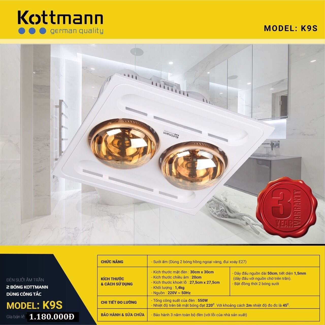 Đèn sưởi 2 bóng âm trần Kottmann – K9S chính hãng bảo hành 3 năm 1 đổi 1