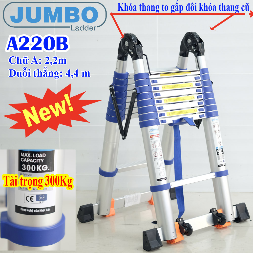 Thang nhôm rút Chữ A 2,2m duỗi thẳng 4,4m Jumbo A220B NEW 2021 - Đai xanh - tải trọng 300kg