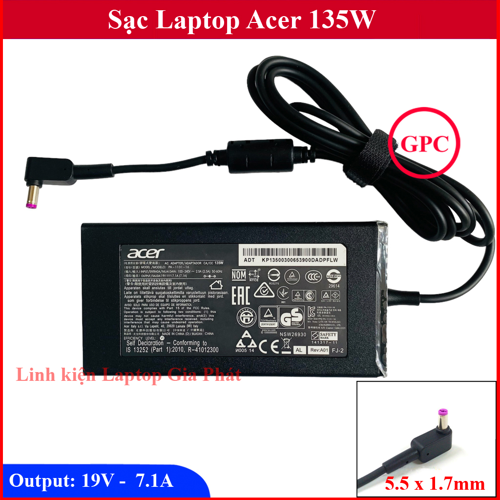 Sạc laptop acer 19v 7.1a 135w chân 5.5x1.7mm thay cho nitro 5 - aspire 7