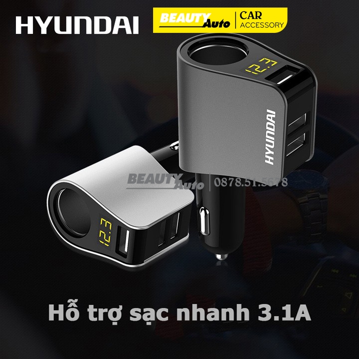 Tẩu sạc Hyundai cao cấp 1 tẩu tròn (3 USB nhỏ),có màn hình LED hiển thị điện áp - Hàng Chất Lượng