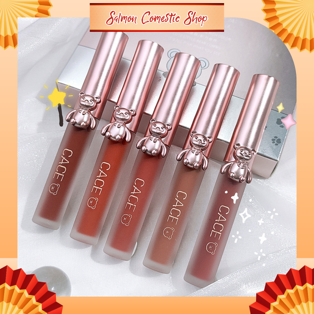 Set 5 cây son lì cace bear soft lip mud c10 vỏ gấu ánh bạc hồng hiệu ứng sương mờ nhung lì hottrend nội địa trung