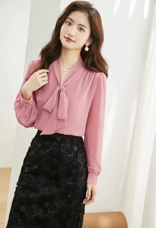 Áo sơ mi trung niên nữ ht official,áo nữ cổ chữ v thắt nơ thanh lịch