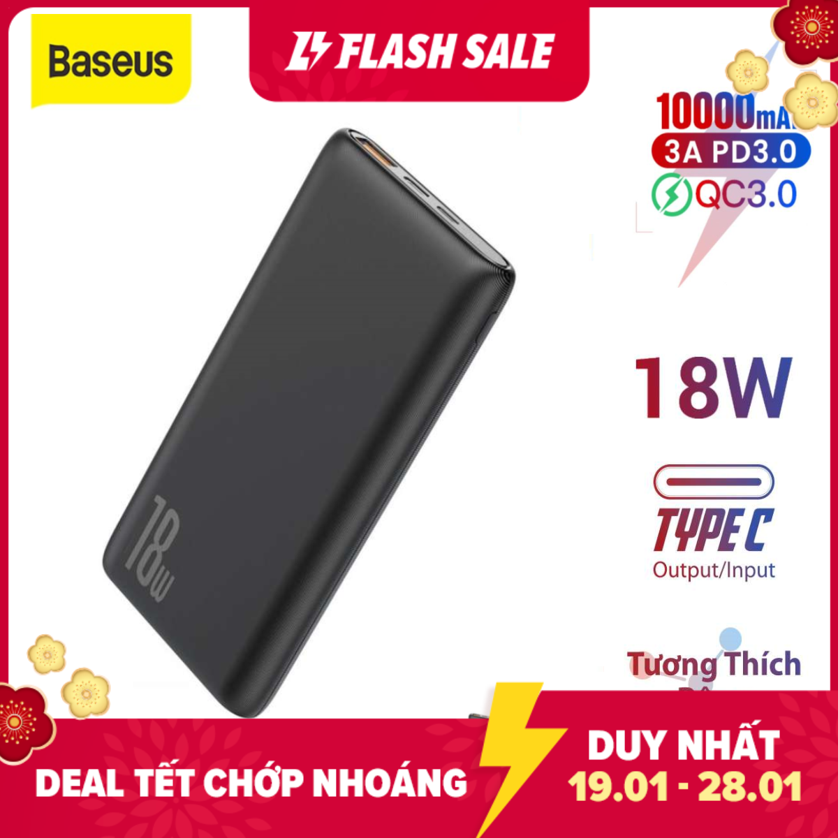 Pin dự phòng sạc nhanh baseus bipow 10000mah tích hợp pd/qc công suất 18w 3 cổng sạc qc3.0+pd3.0