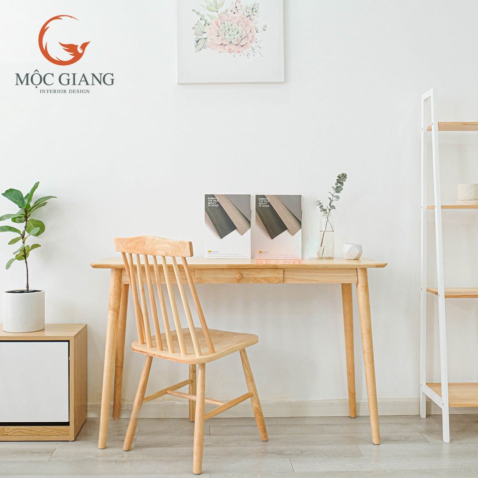 Bàn làm việc gỗ tự nhiên - chân tròn 1 ngăn kéo