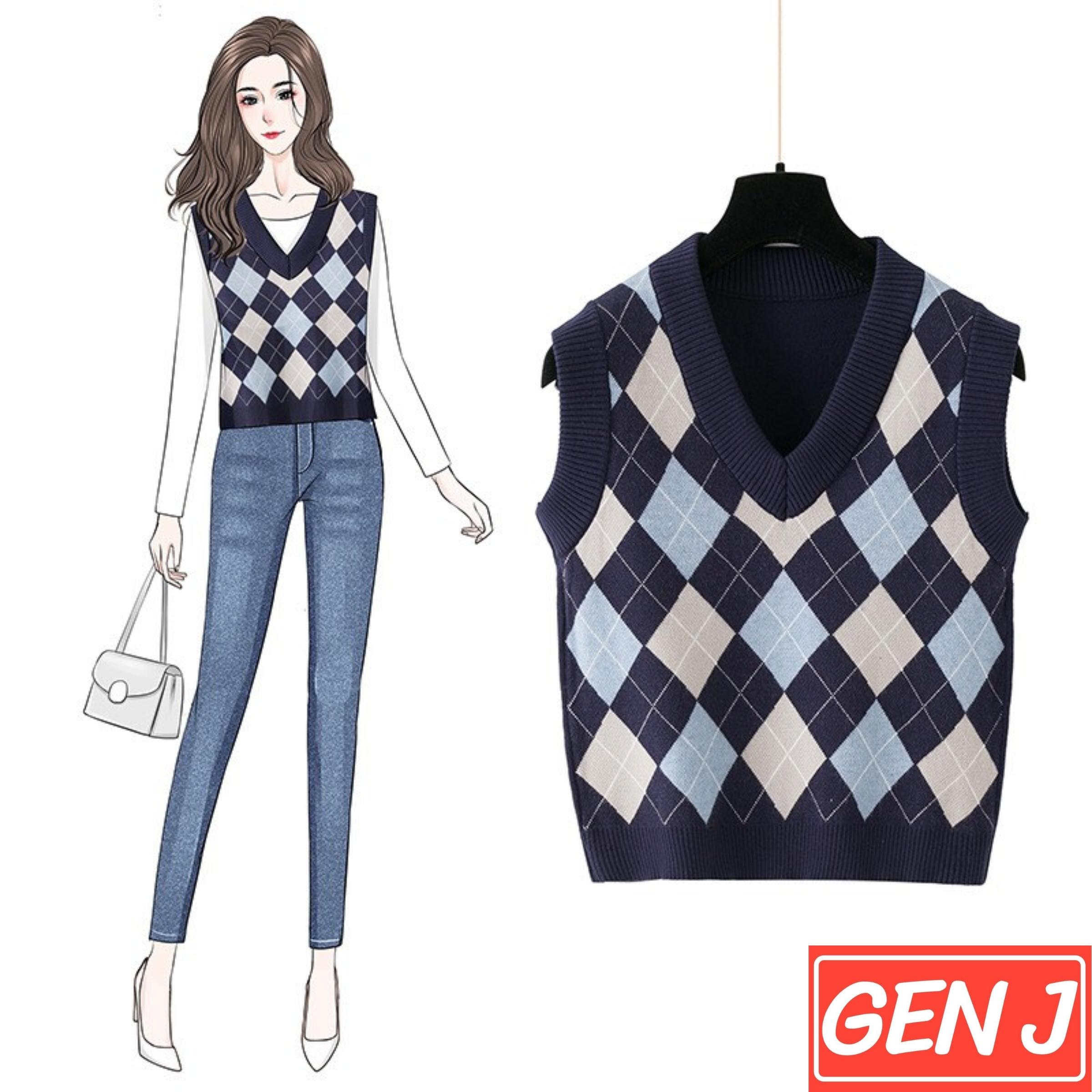 Áo gile nữ GEN J chất liệu len họa tiết kẻ caro phong cách Hàn Quốc