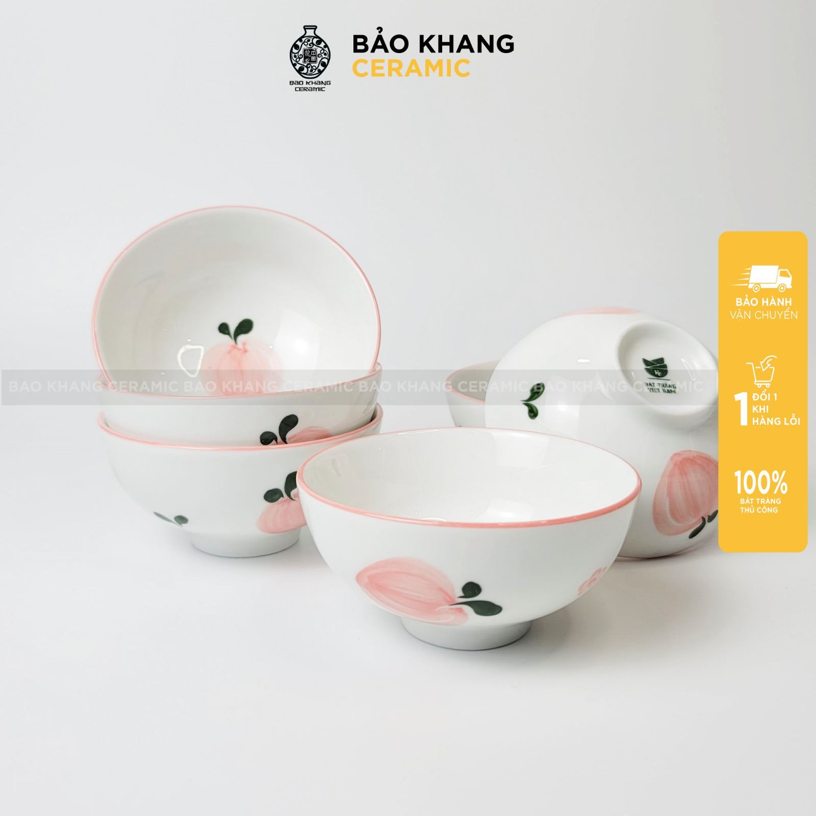 Bộ 6 bát ăn cơm bát cơm sứ men trắng hoạ tiết vẽ tay đào hồng chén dĩa sứ cao cấp bát tràng