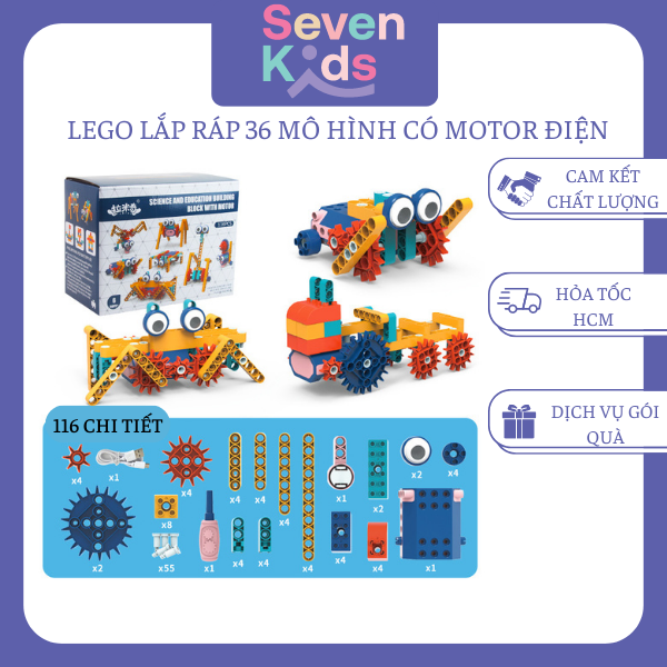 Lego lắp ráp cơ khí có động cơ motor điện, lego lắp ráp 36 mô hình chuyển động SEVENKIDS có pin sạc điện, phát huy tính sáng tạo cho bé