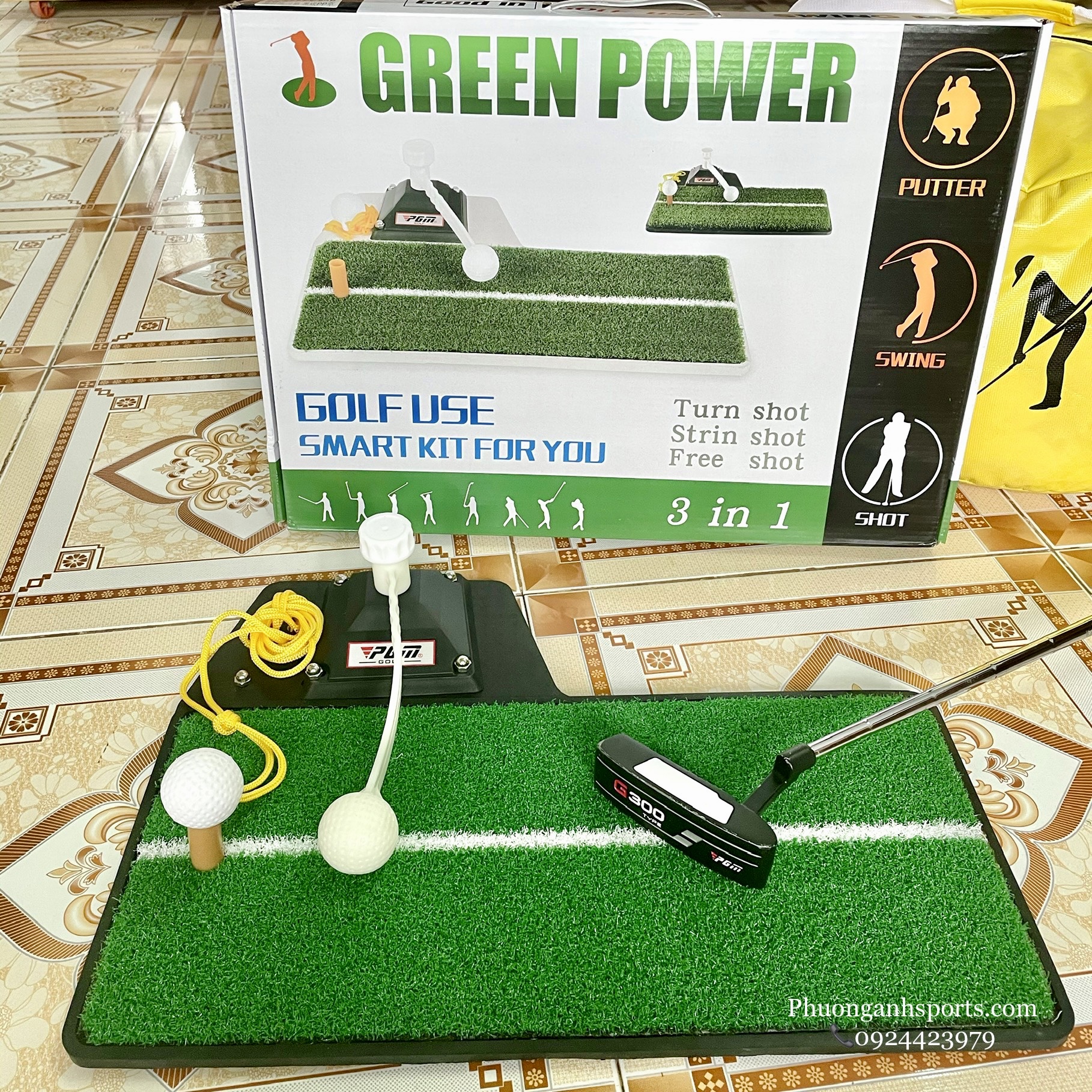 Bộ thảm tập swing golf 3in1 - thảm tập swing golf xoay 360 độ size 48cmx23cm - pgm.