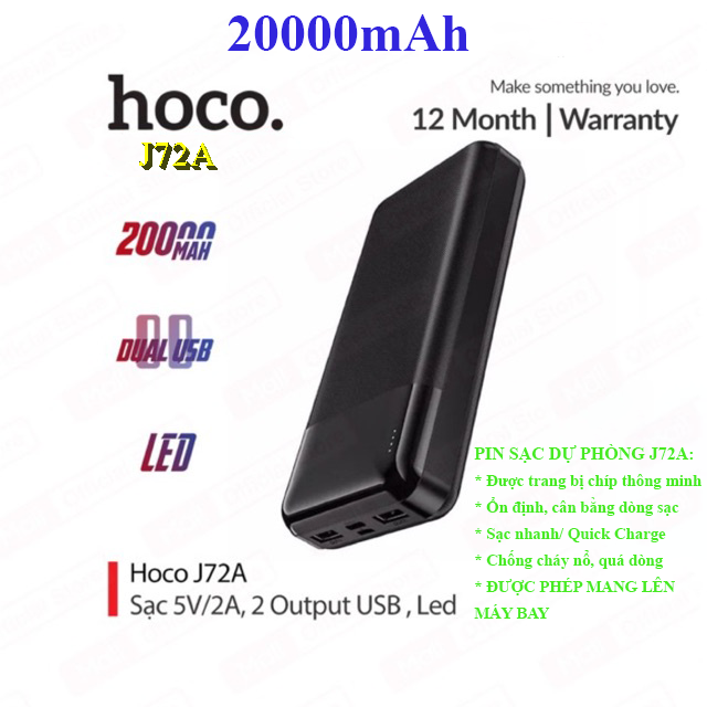 Pin sạc dự phòng, sạc nhanh 20000mAh, trang bị chip thông minh, được mang lên máy bay Model Hoco J72A