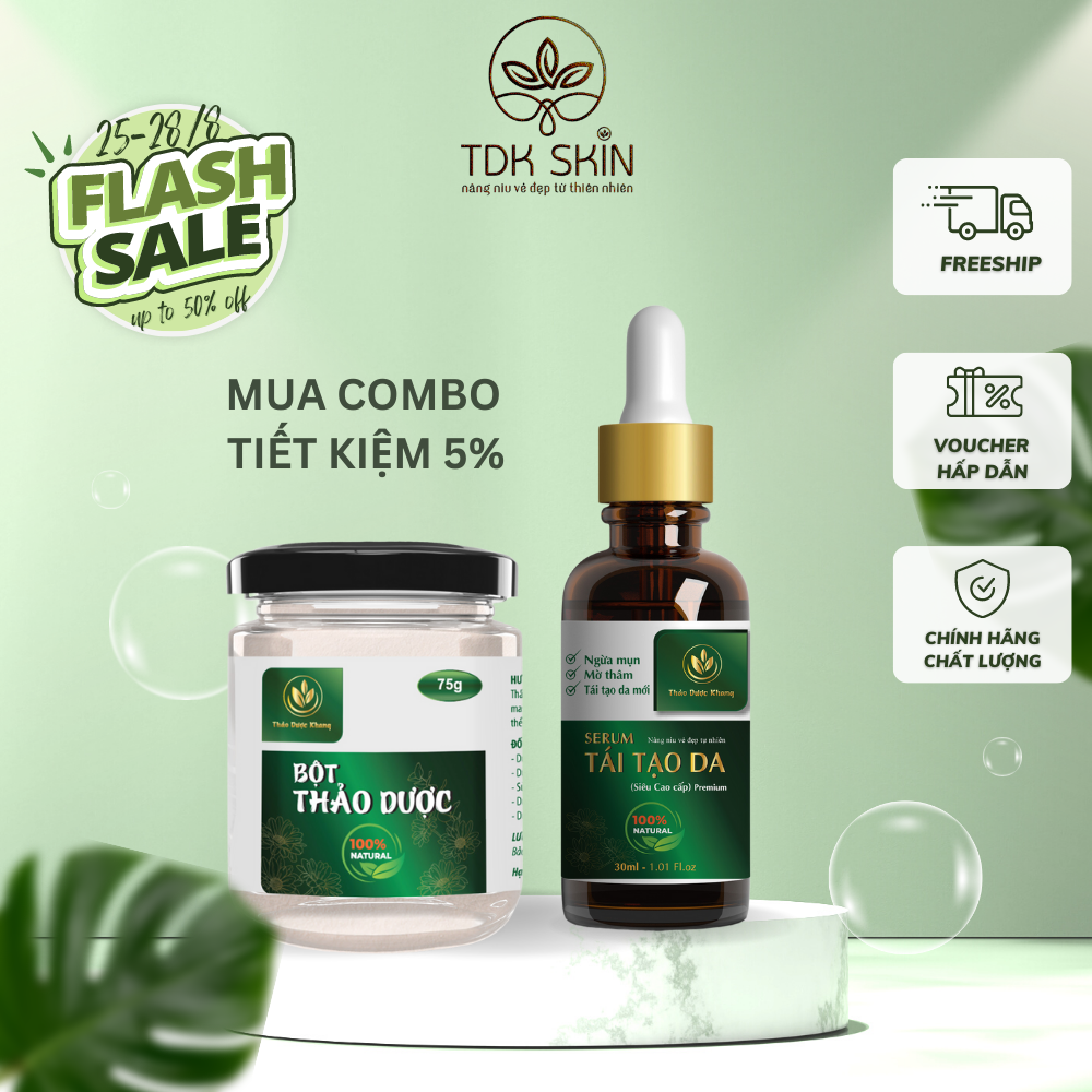 Combo bột thảo dược 75g + serum tái tạo da thảo dược khang 50ml, liệu trình chăm sóc da mặt , cải thiện sẹo rỗ, mụn lâu năm - tdk skin