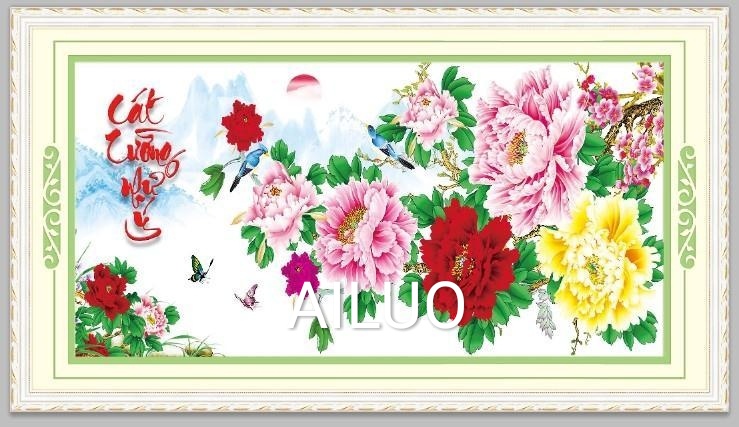 Tranh thêu chữ thập hoa mẫu đơn Cát Tường Như Ý Ailuo AL53582 |90x50cm| Chưa thêu