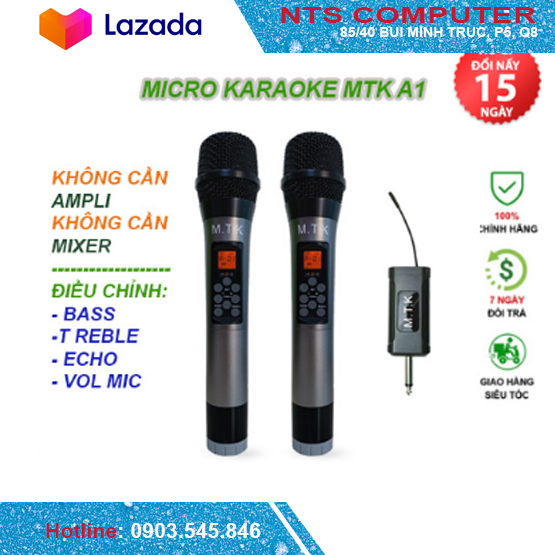 Micro không dây đa năng cao cấp MTK 1A - Tích hợp chỉnh bass, treble, echo ngay trên thân mic
