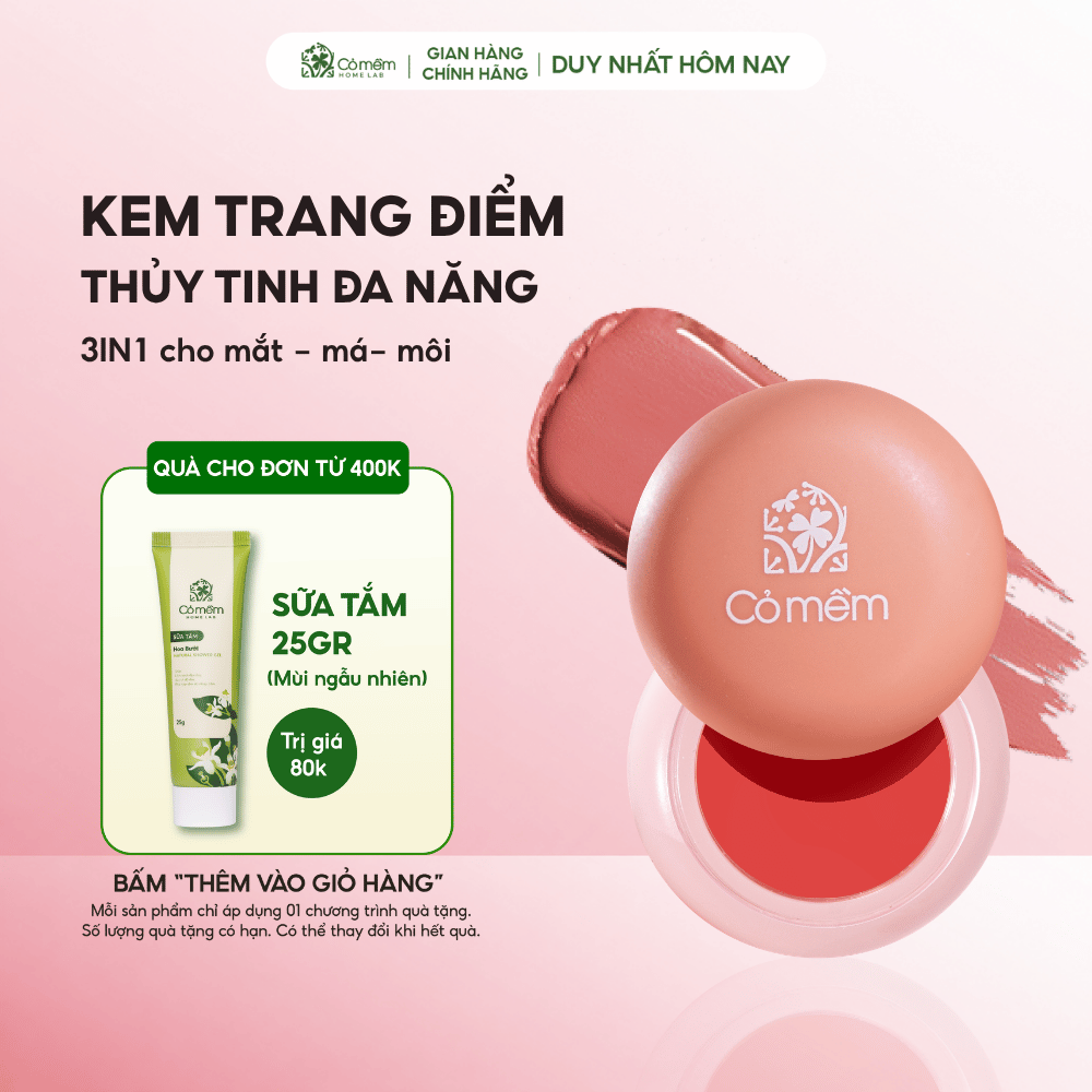 Kem Trang Điểm Thuỷ Tinh 3in1 Tích Hợp Phấn Má Phấn Mắt Son Môi Bền Màu Bắt Sáng Lên Màu Tự Nhiên Cỏ Mềm 5g