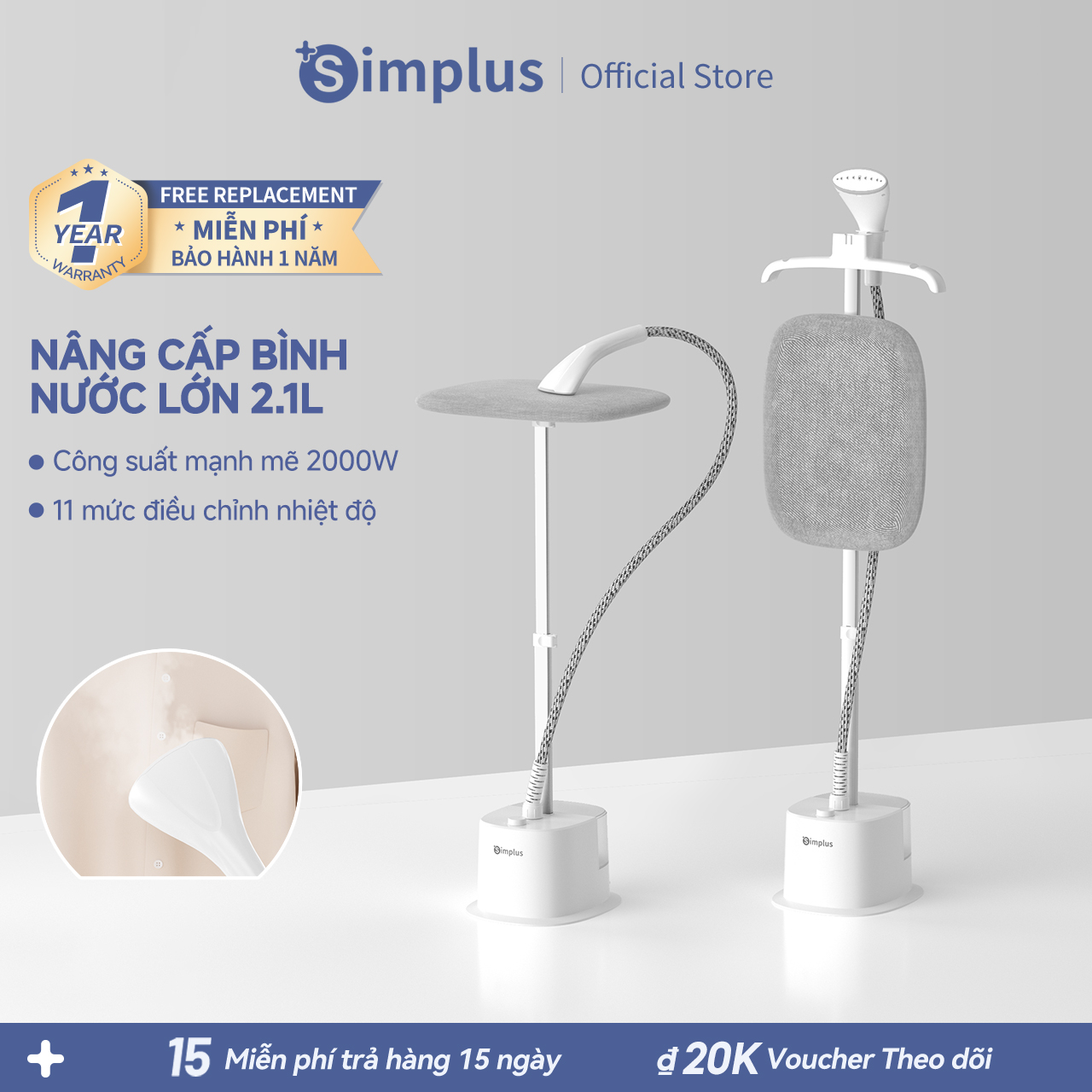  Simplus Bàn ủi hơi nước đứng Bình chứa nước lớn 2.1L Công suất mạnh mẽ 2000W 11 chế độ ủi linh hoạt Lượng hơi nước 34g phút Mặt đế ủi bằng thép không gỉ 304 Làm nóng nhanh trong 40 giây Chiều cao có thể điều chỉnh Thiết kế kèm giá treo quần áo tiện lợi 