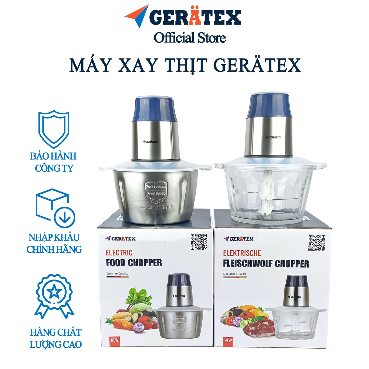 Máy Xay Thịt, Máy Xay Rau Củ Quả Gerätex - hàng chính hãng - dung tích 2L - công suất 300W - Bảo hành 12 tháng