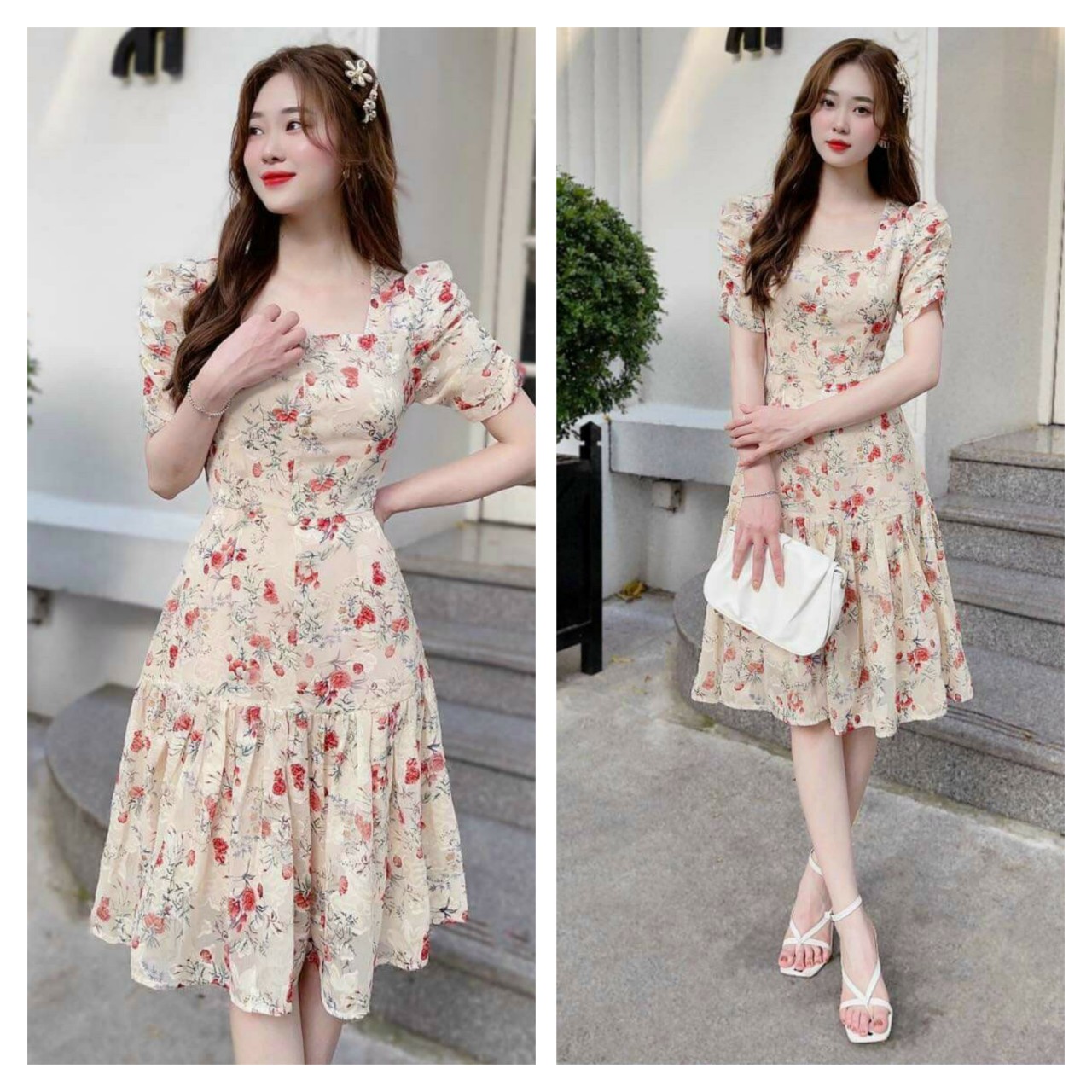 Đầm váy nữ tiểu thư tay phồng đính nút họa tiết hoa cực xinh xắn qcs