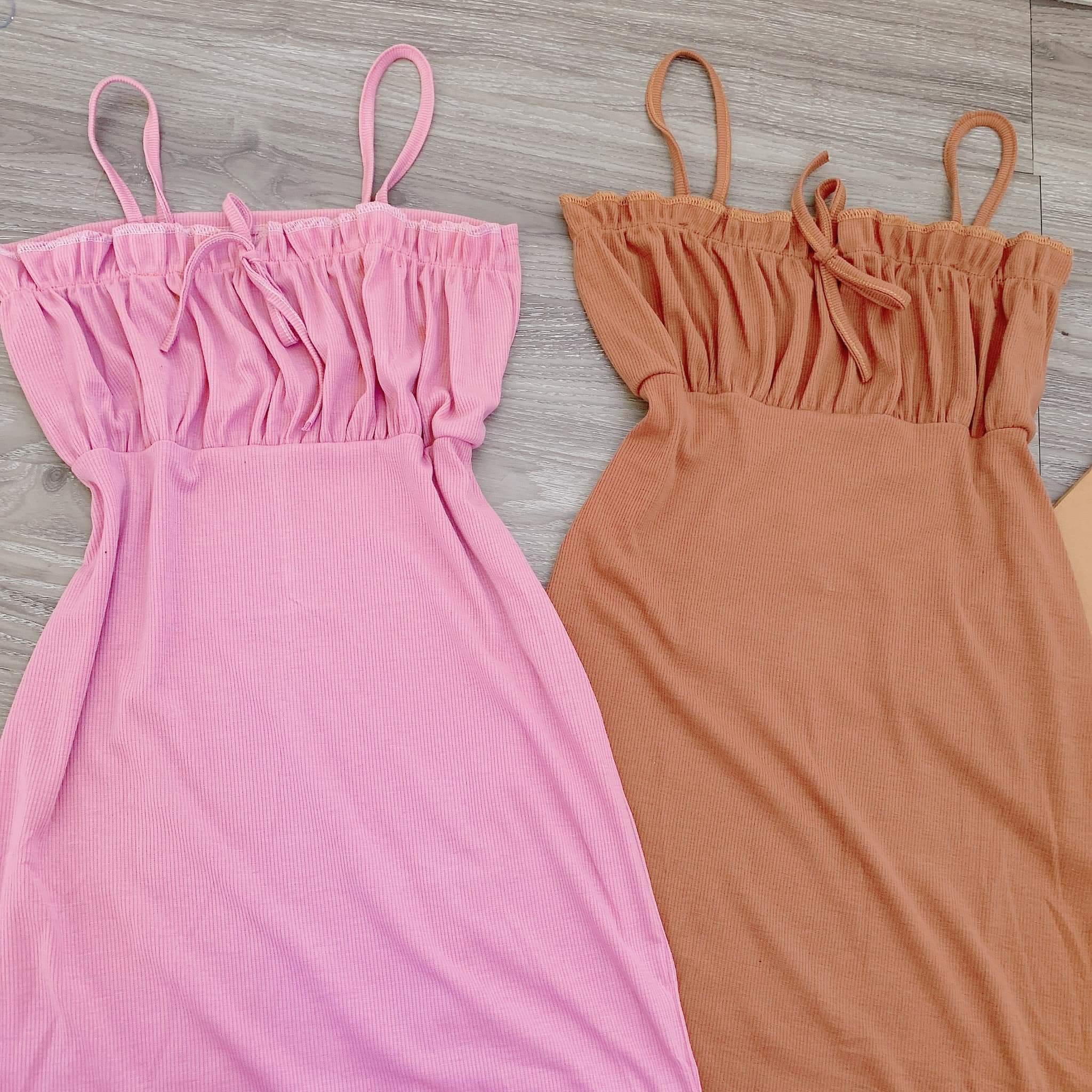 Hình thật đầm body 2 dây thắt nơ nhún ngực chất thun gân đỏ cam hồng lưu ý còn ít nên giao màu ngẫu nhiên